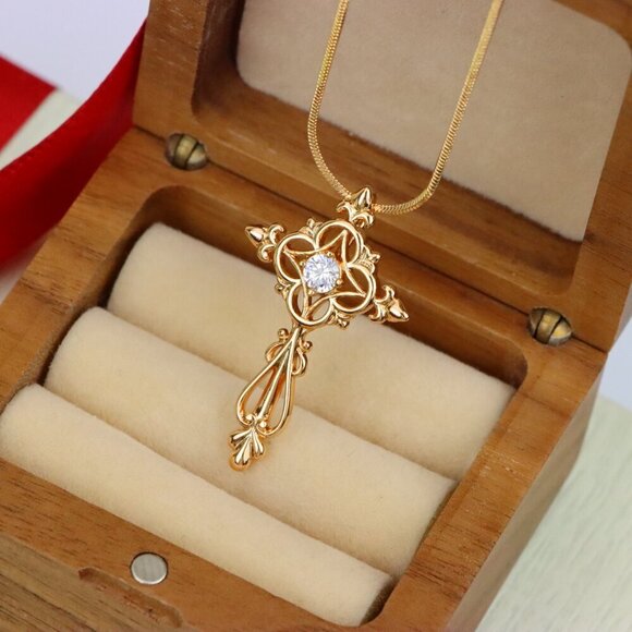 "Ornate Rose Gold Cross Pendant with Intricate Detailing and CZ Center, XPPT1841 - Picture 9 of 13